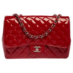 Chanel Red Quilted Patent Leather Jumbo Classic Single Flap Bag