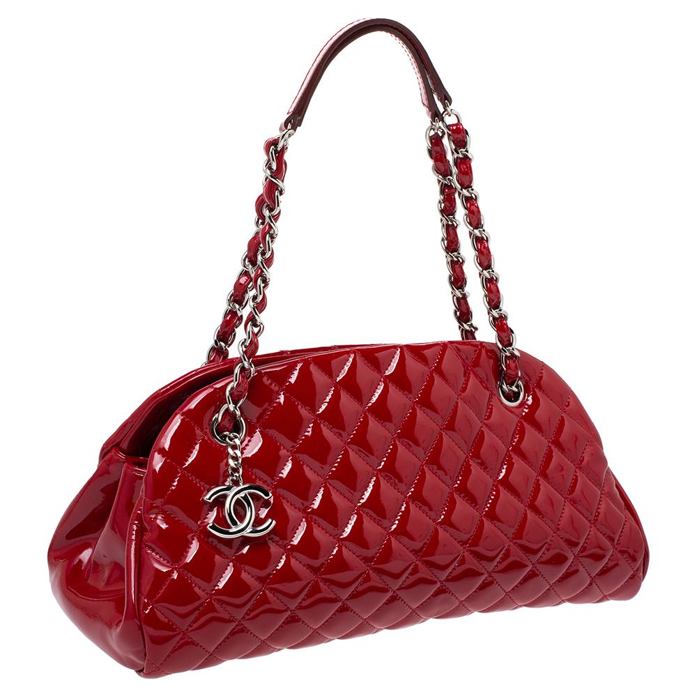 Chanel Red Quilted Patent Leather Just Mademoiselle Bowler Bag In Good Condition In Dubai, Al Qouz 2