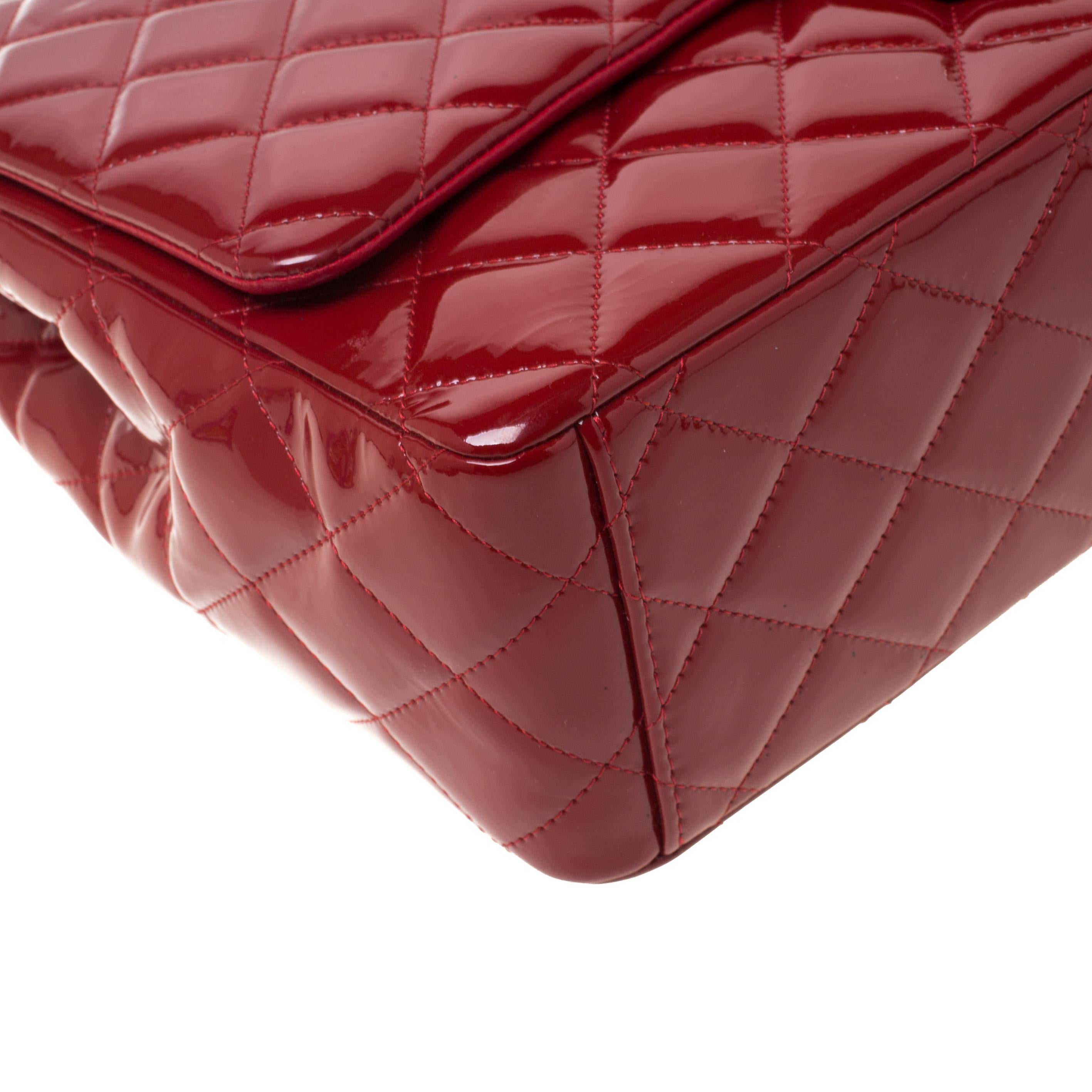 Chanel Red Quilted Patent Leather Maxi Classic Double Flap Bag 6