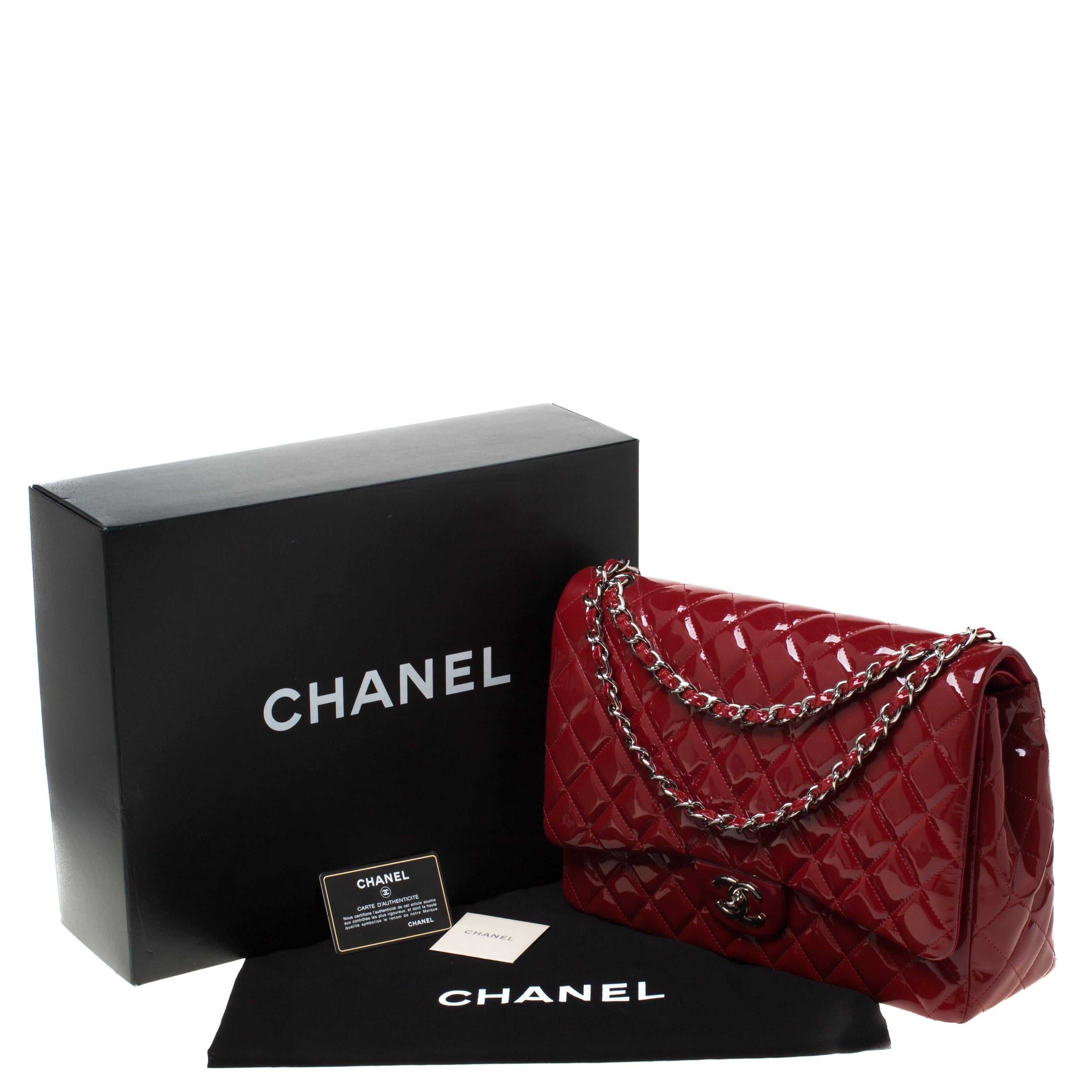 Chanel Red Quilted Patent Leather Maxi Classic Double Flap Bag 8
