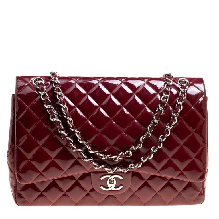 Chanel Red Quilted Patent Leather Maxi Classic Double Flap Bag For Sale at 1stdibs