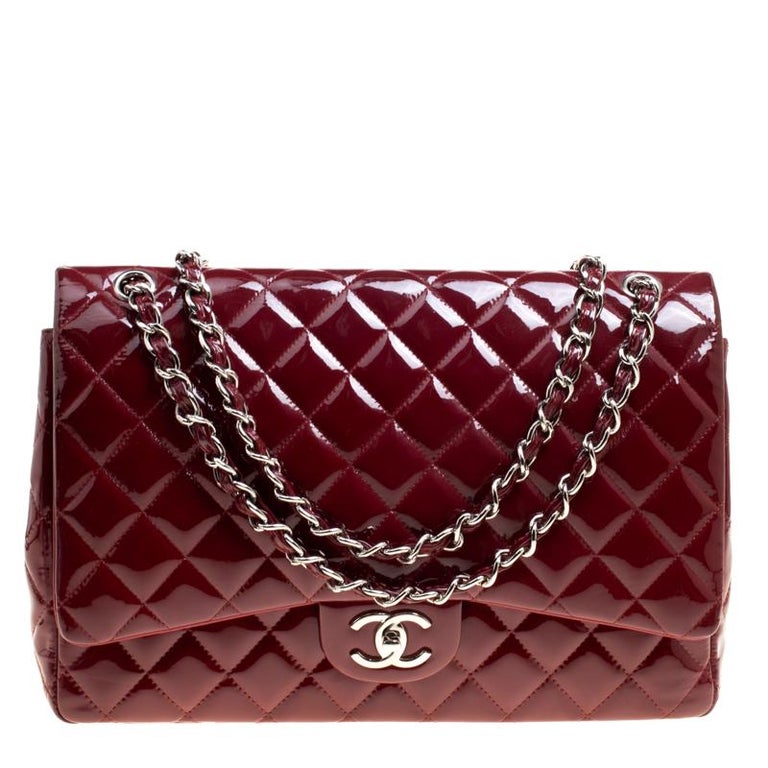 Chanel Red Quilted Patent Leather Maxi Classic Double Flap Bag For Sale