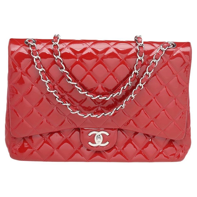 Chanel Red Quilted Patent Leather Maxi Classic Double Flap Bag at 1stDibs