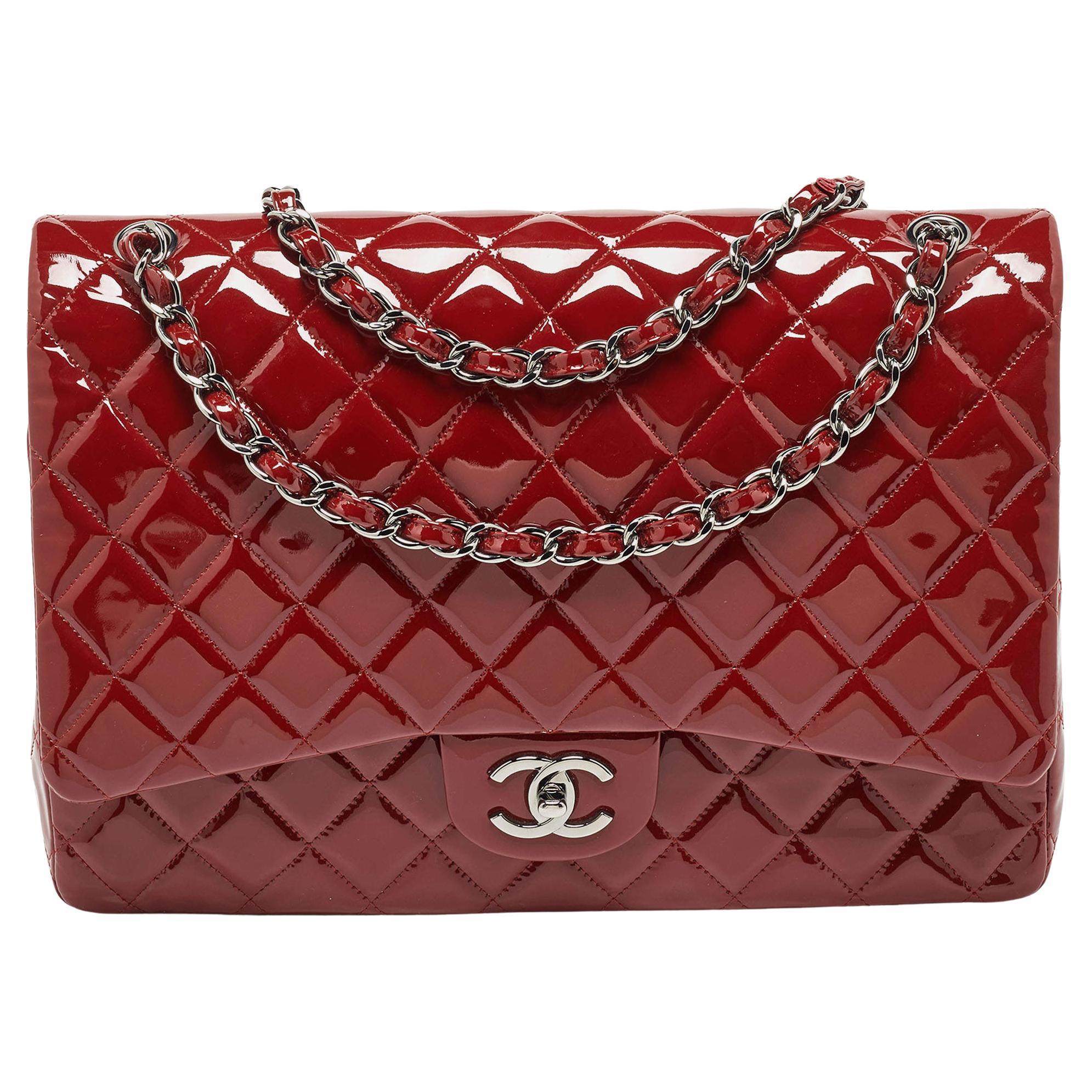 Chanel Red Quilted Patent Leather Maxi Classic Double Flap Bag For Sale