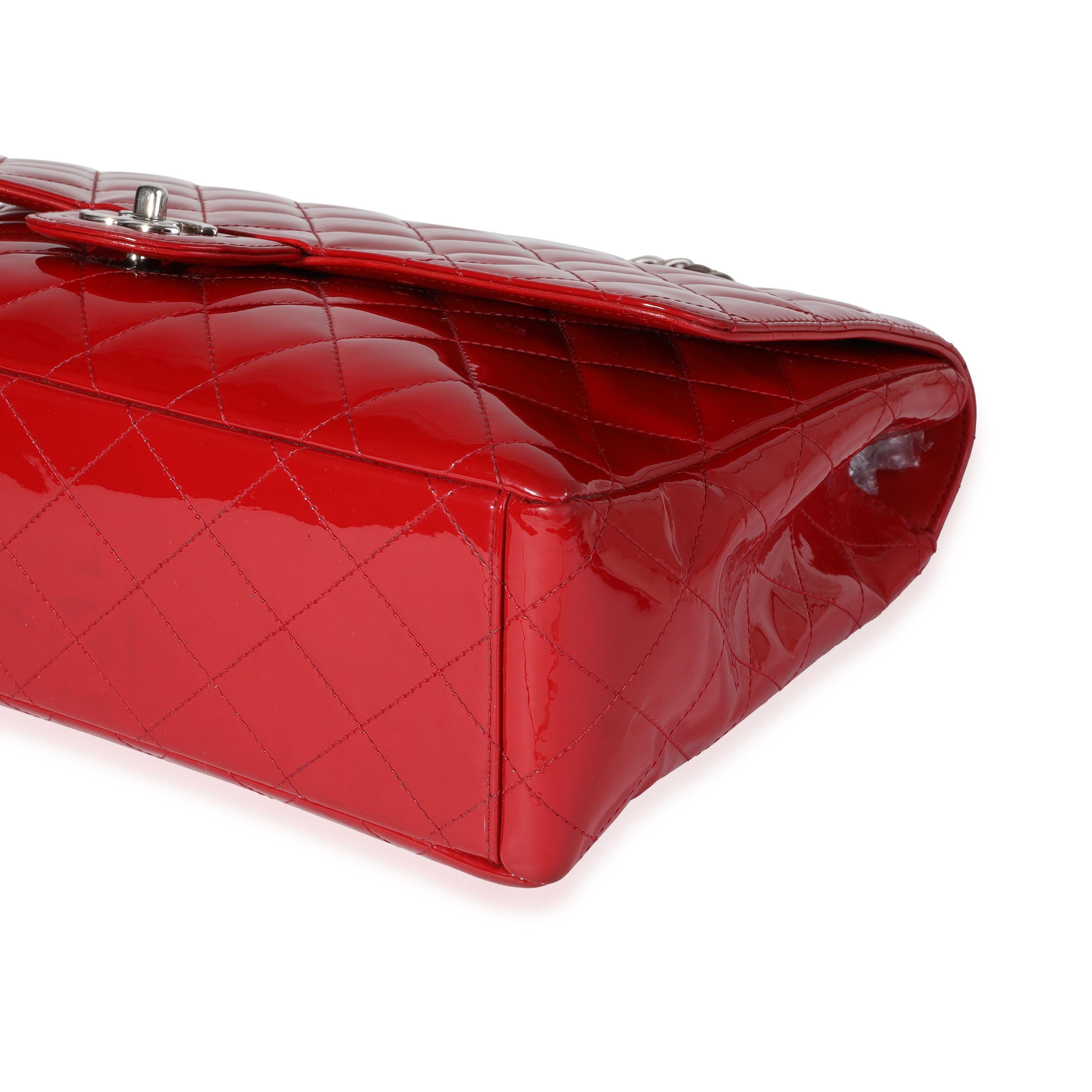 Chanel Red Quilted Patent Leather Maxi Classic Single Flap Bag In Good Condition In New York, NY