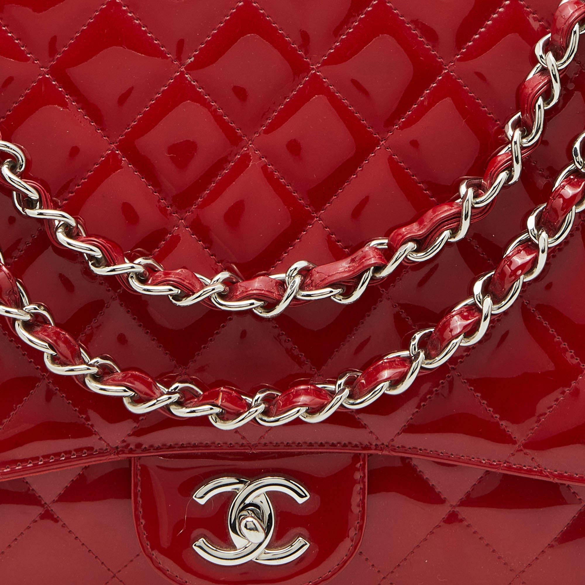 Chanel Red Quilted Patent Leather Maxi Classic Single Flap Bag 4