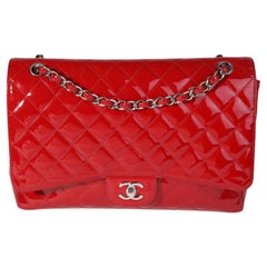 Chanel Red Quilted Patent Leather Maxi Classic Single Flap Bag