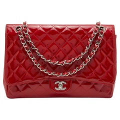 Chanel Red Quilted Patent Leather Maxi Classic Single Flap Bag