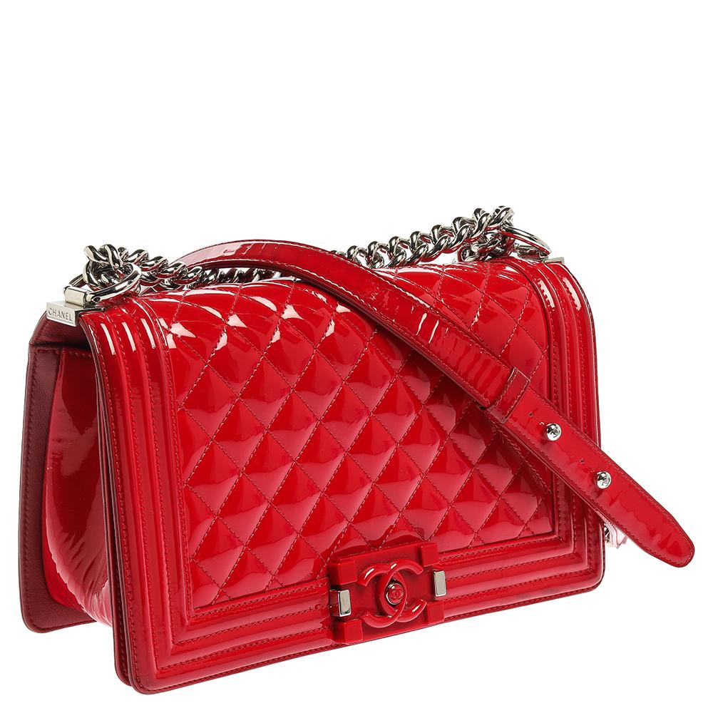 Women's Chanel Red Quilted Patent Leather Medium Boy Flap Bag