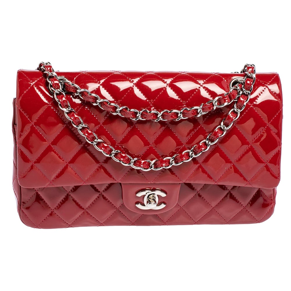 Chanel Red Quilted Patent Leather Medium Classic Double Flap Bag
