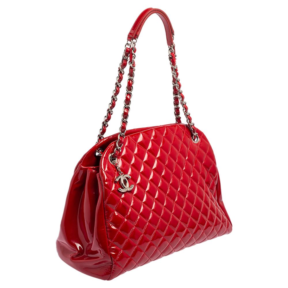 Chanel Red Quilted Patent Leather Medium Just Mademoiselle Bowler Bag In Good Condition In Dubai, Al Qouz 2