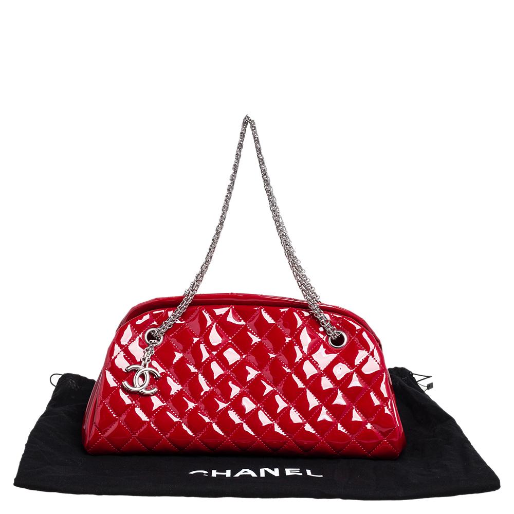 Chanel Red Quilted Patent Leather Medium Just Mademoiselle Bowling Bag 9