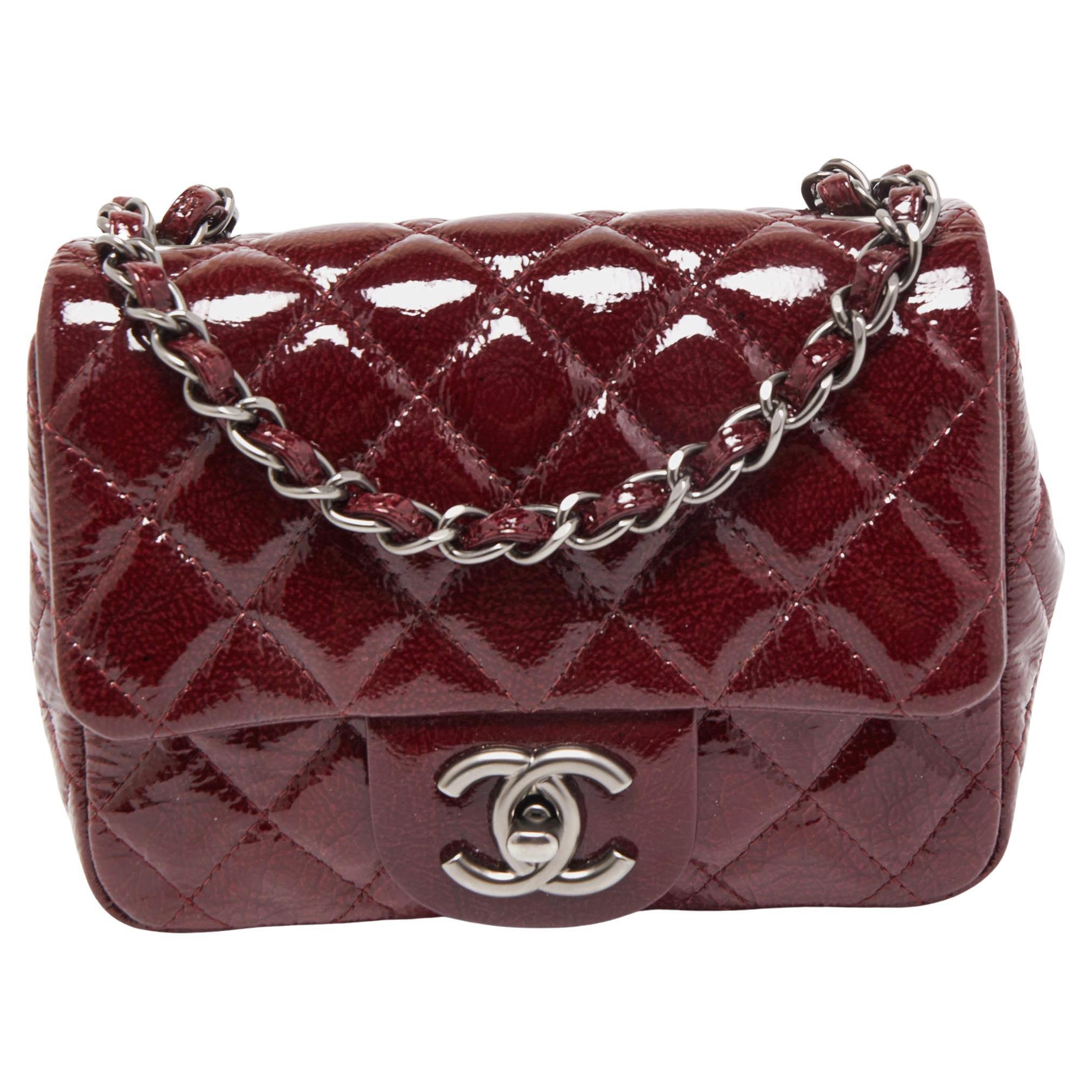 Chanel Red Quilted Patent Leather Mini Square Classic Flap Bag