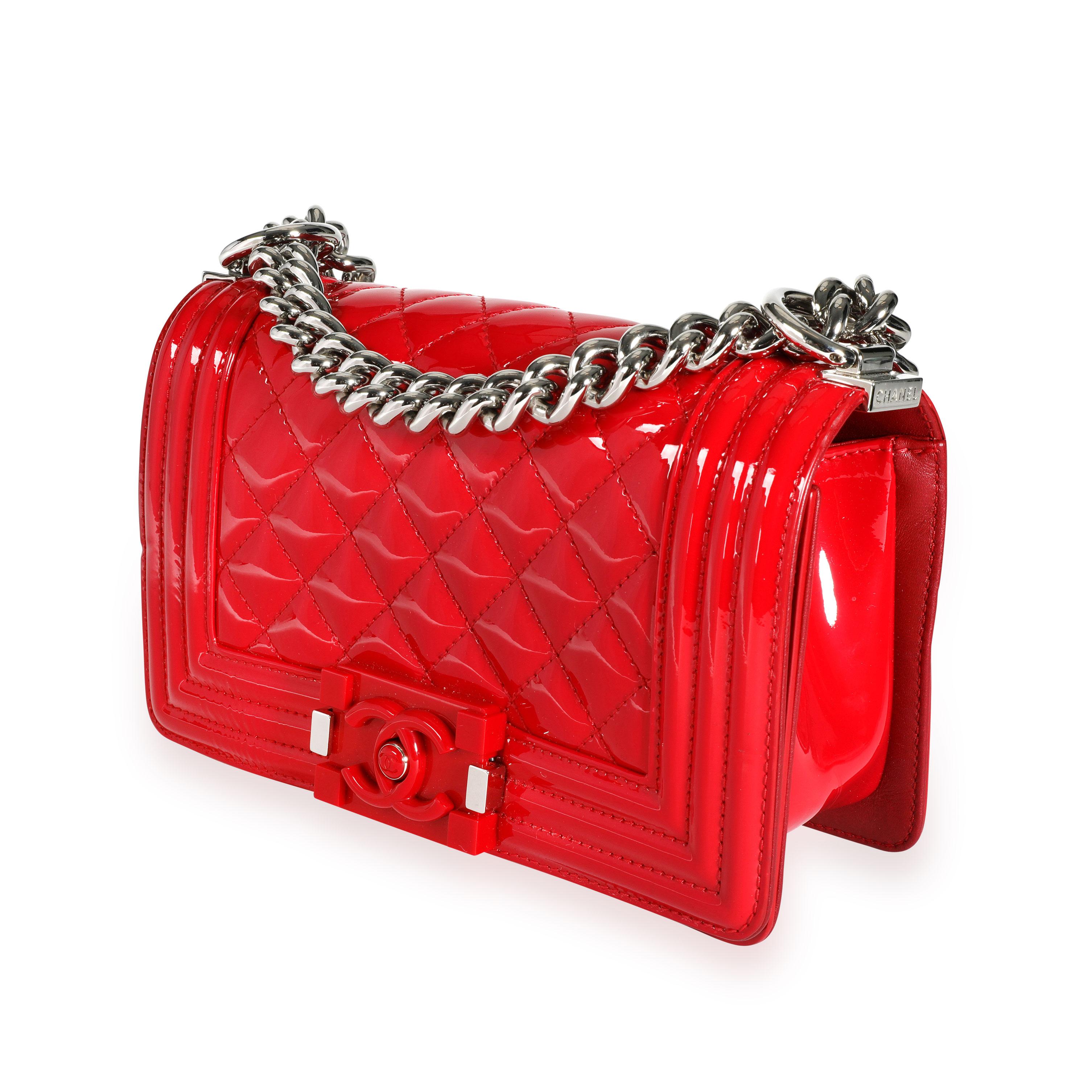 Chanel Red Quilted Patent Leather & Plexiglass Small Boy Bag
SKU: 112164
MSRP: USD 4,300.00
Condition: Pre-owned (3000)
Condition Description: 
Handbag Condition: Very Good
Condition Comments: Very Good Condition. Wear at corners. Scratching to