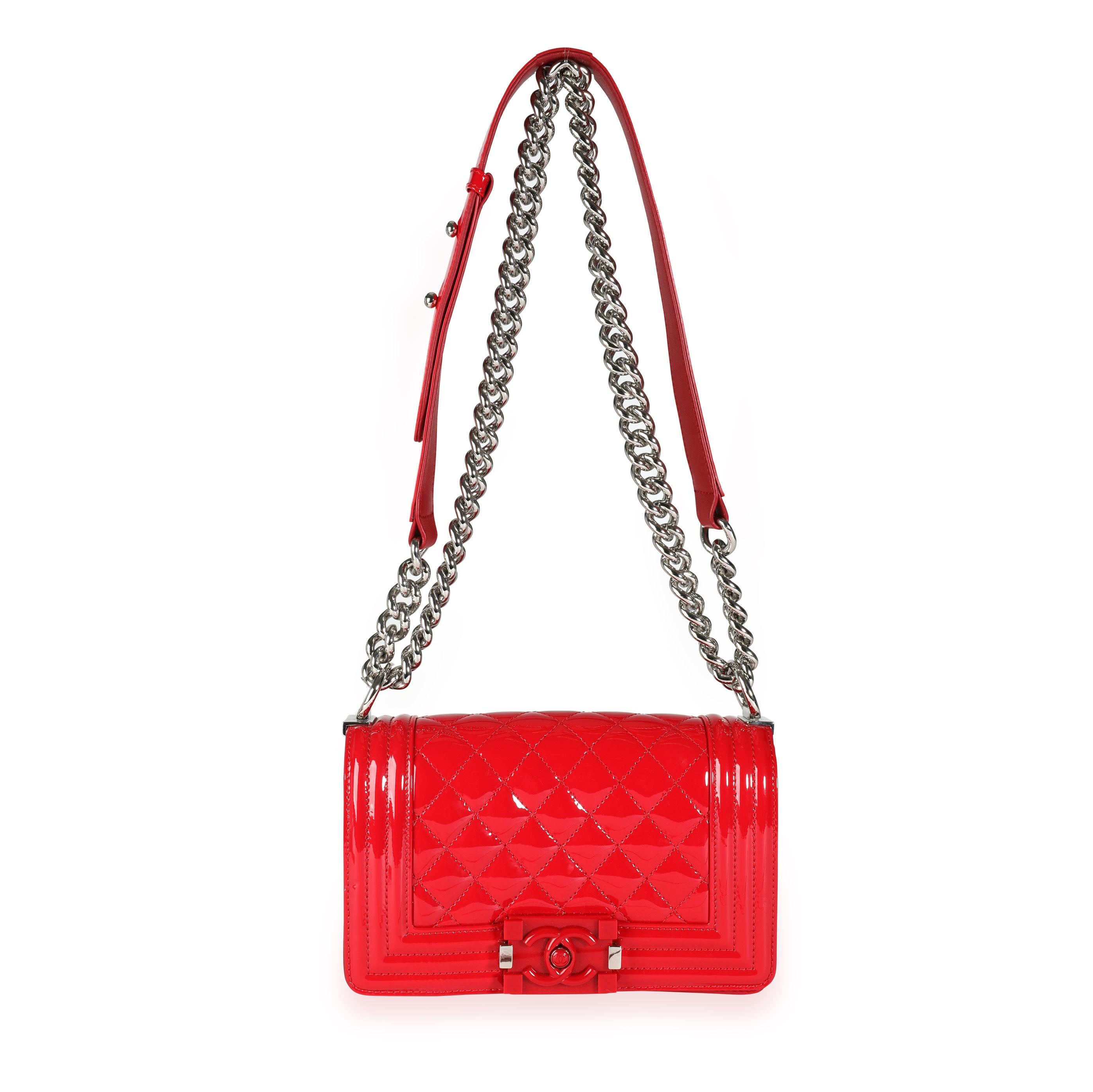 Women's Chanel Red Quilted Patent Leather & Plexiglass Small Boy Bag