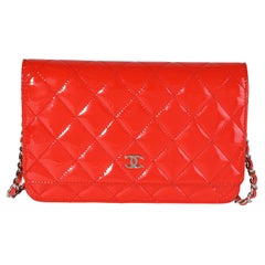 Chanel Red Quilted Patent Leather Wallet On Chain