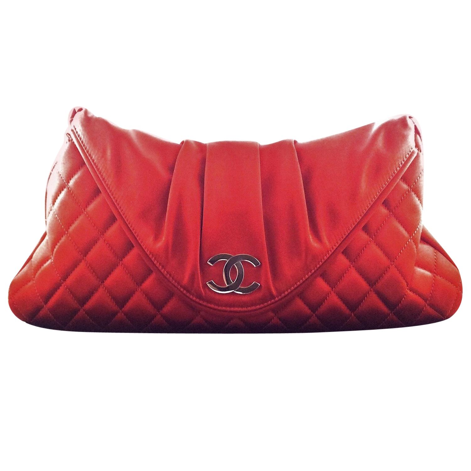 Chanel Red Quilted Satin Half Moon Envelope Clutch at 1stDibs