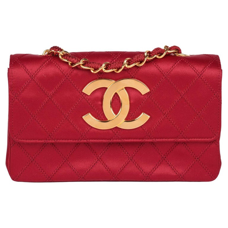 CHANEL Red Quilted Satin Vintage XL Rectangular Mini Flap Bag For