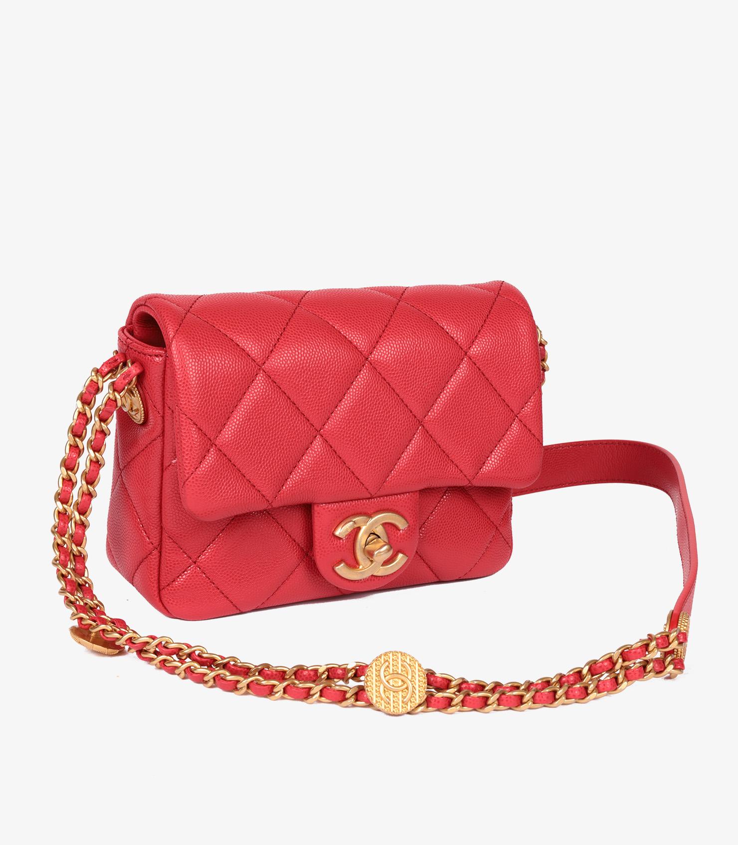 Chanel Red Quilted Shiny Caviar Leather Medallion Square Mini Flap Bag In Excellent Condition In Bishop's Stortford, Hertfordshire