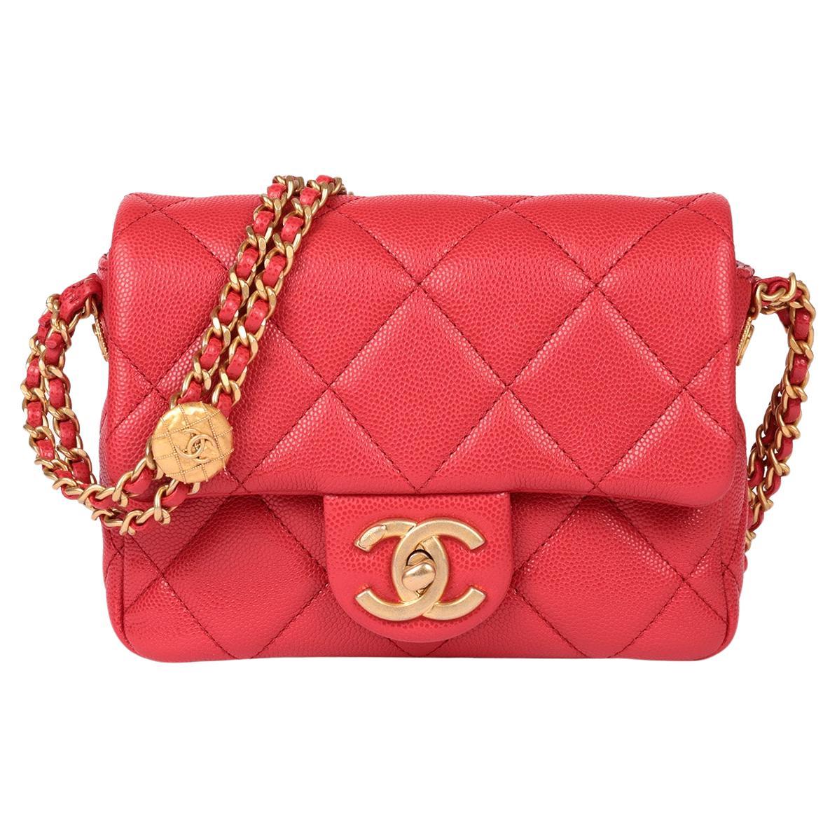 Chanel Red Quilted Shiny Caviar Leather Medallion Square Mini Flap Bag For Sale