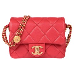 Chanel Red Quilted Shiny Caviar Leather Medallion Square Mini Flap Bag