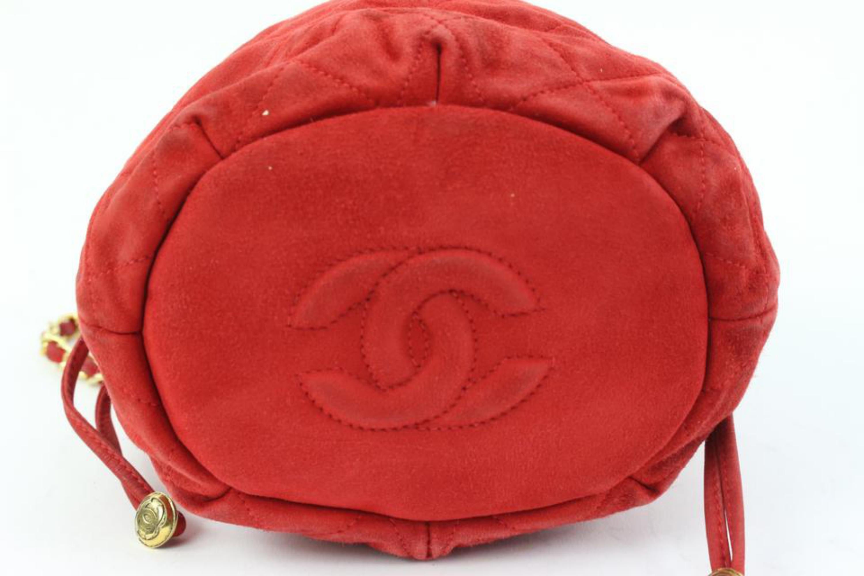 Women's Chanel Red Quilted Suede Mini Drawstring Crossbody Pouch Bucket Bag 28ck311s