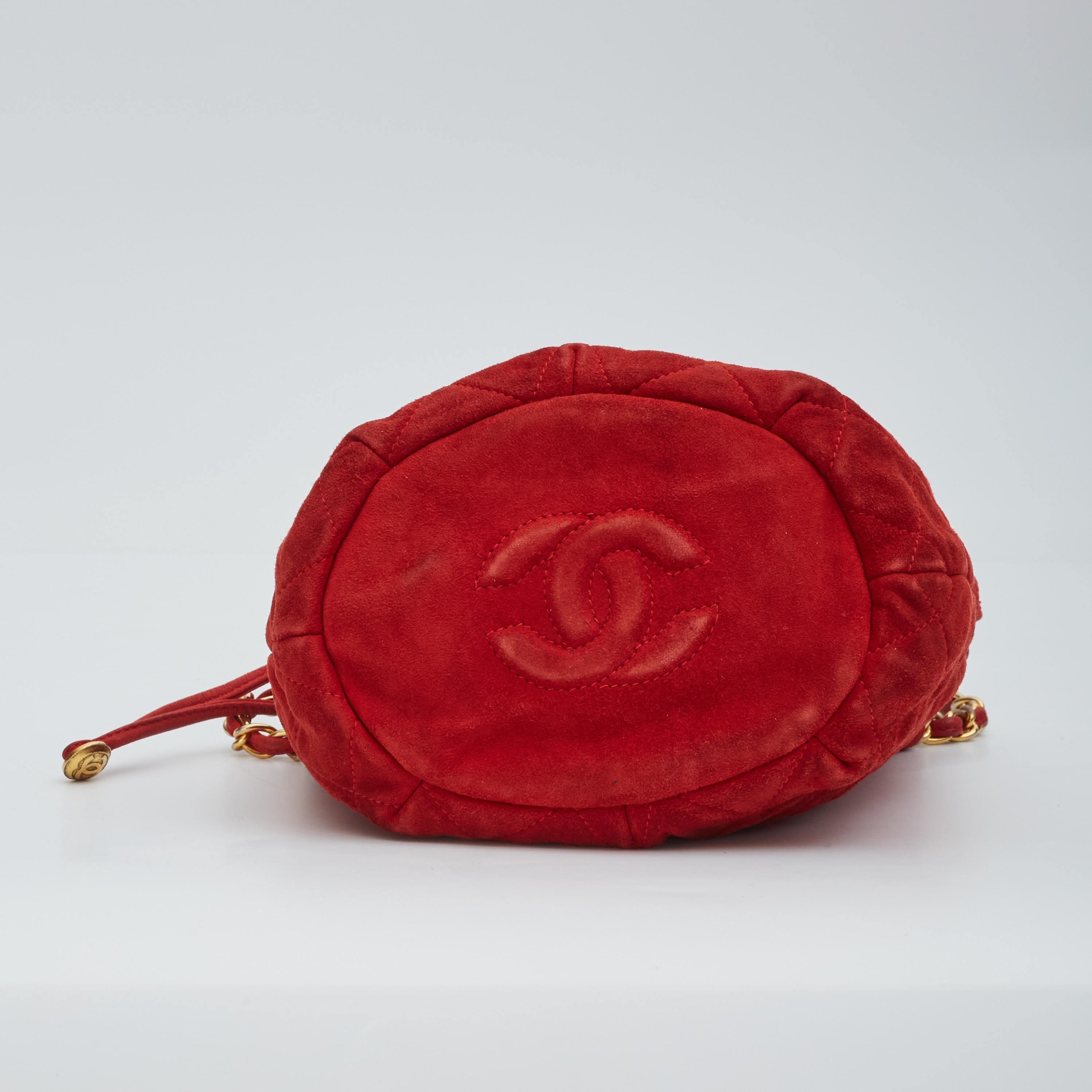 Chanel Red Quilted Suede Mini Drawstring Pouch Bucket Bag (Circa Late