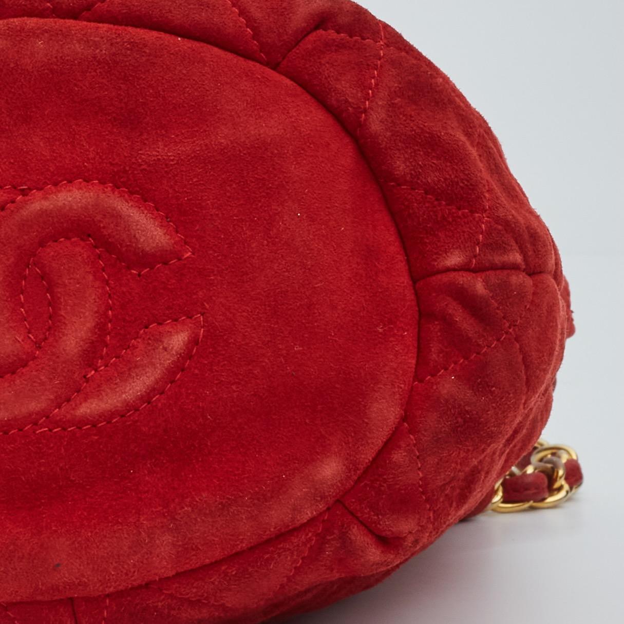 Chanel Red Quilted Suede Mini Drawstring Pouch Bucket Bag (Circa Late