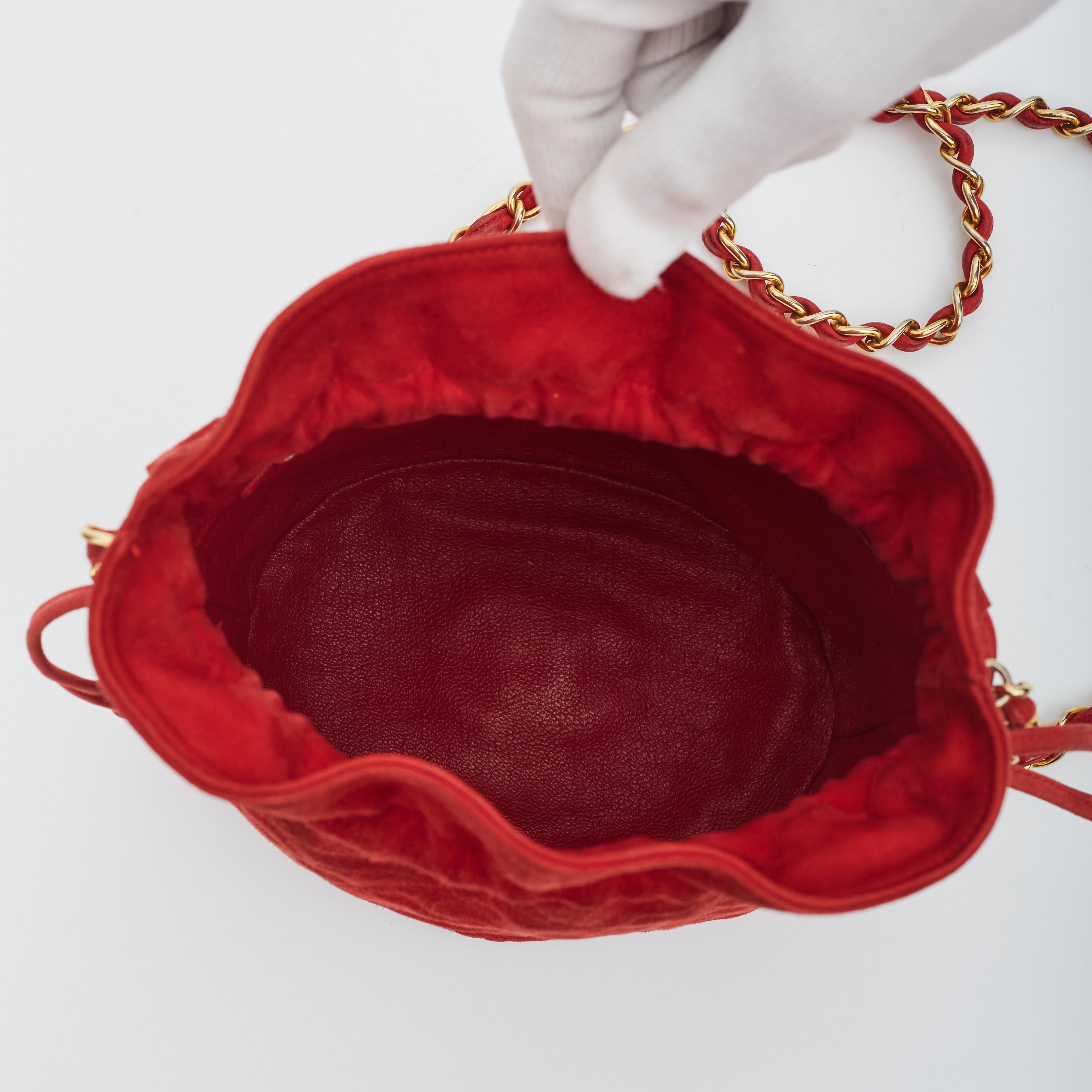 Chanel Red Quilted Suede Mini Drawstring Pouch Bucket Bag (Circa Late