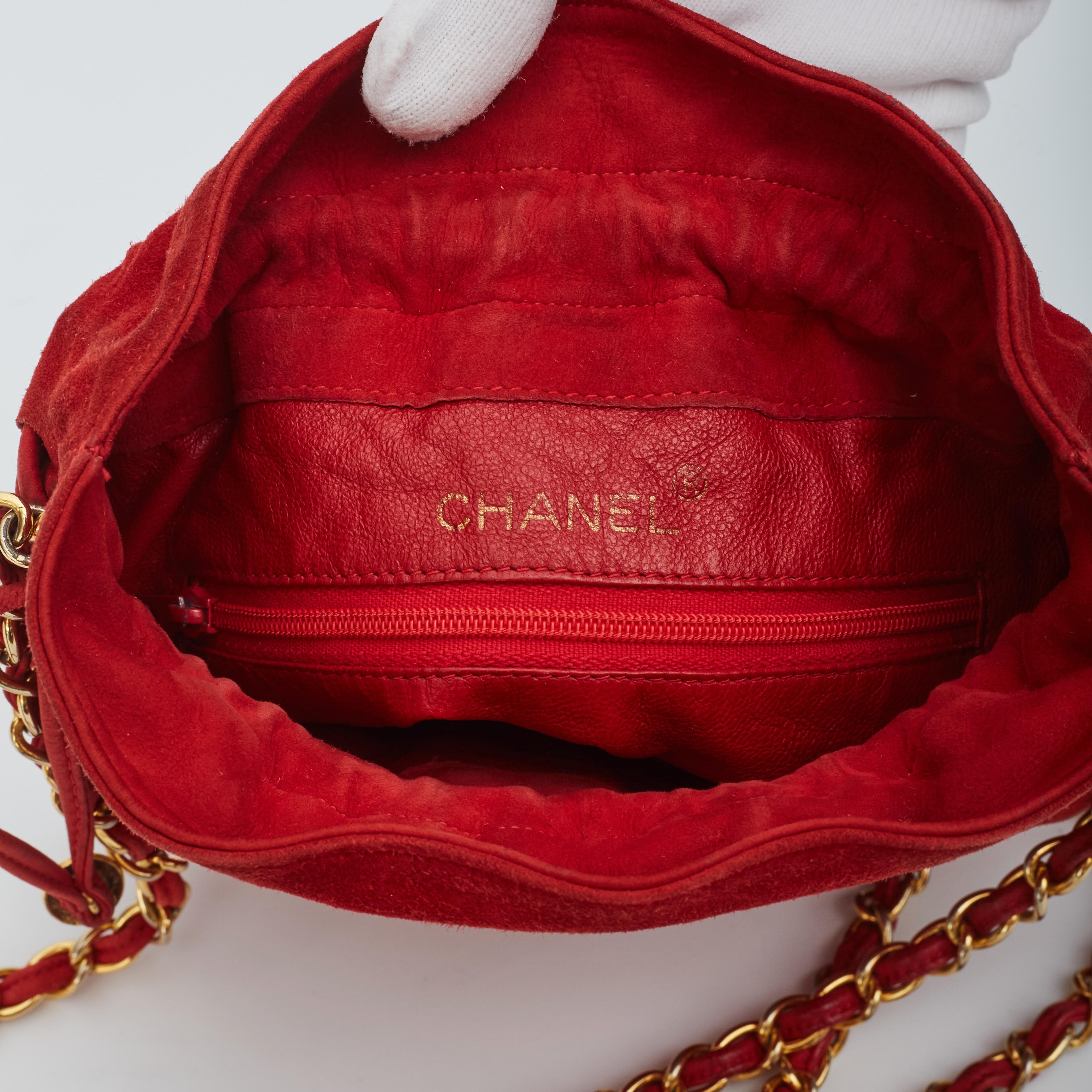 Chanel Red Quilted Suede Mini Drawstring Pouch Bucket Bag (Circa Late