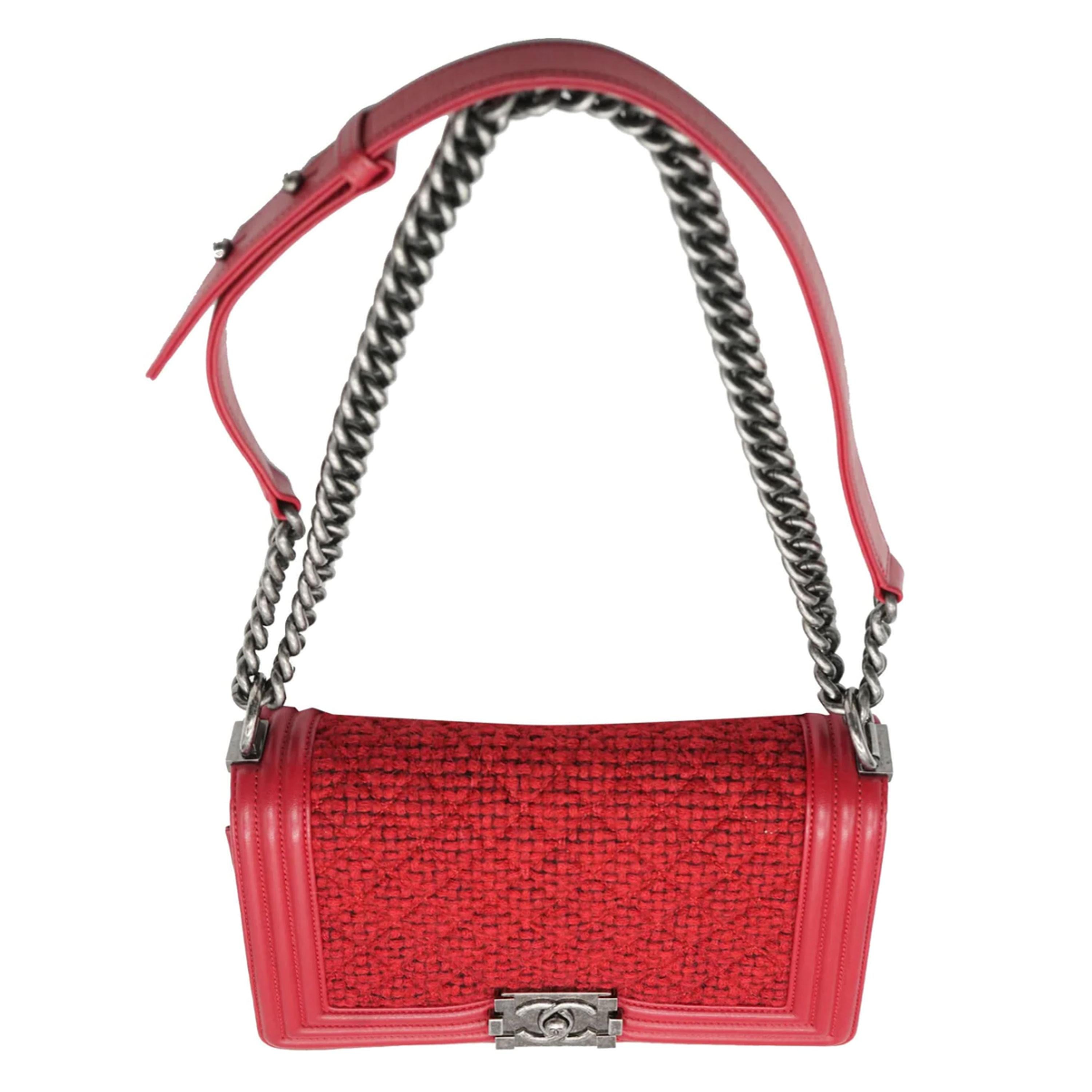 Chanel Red Quilted Tweed Lambskin Old Medium Boy Bag In Excellent Condition In New York, NY
