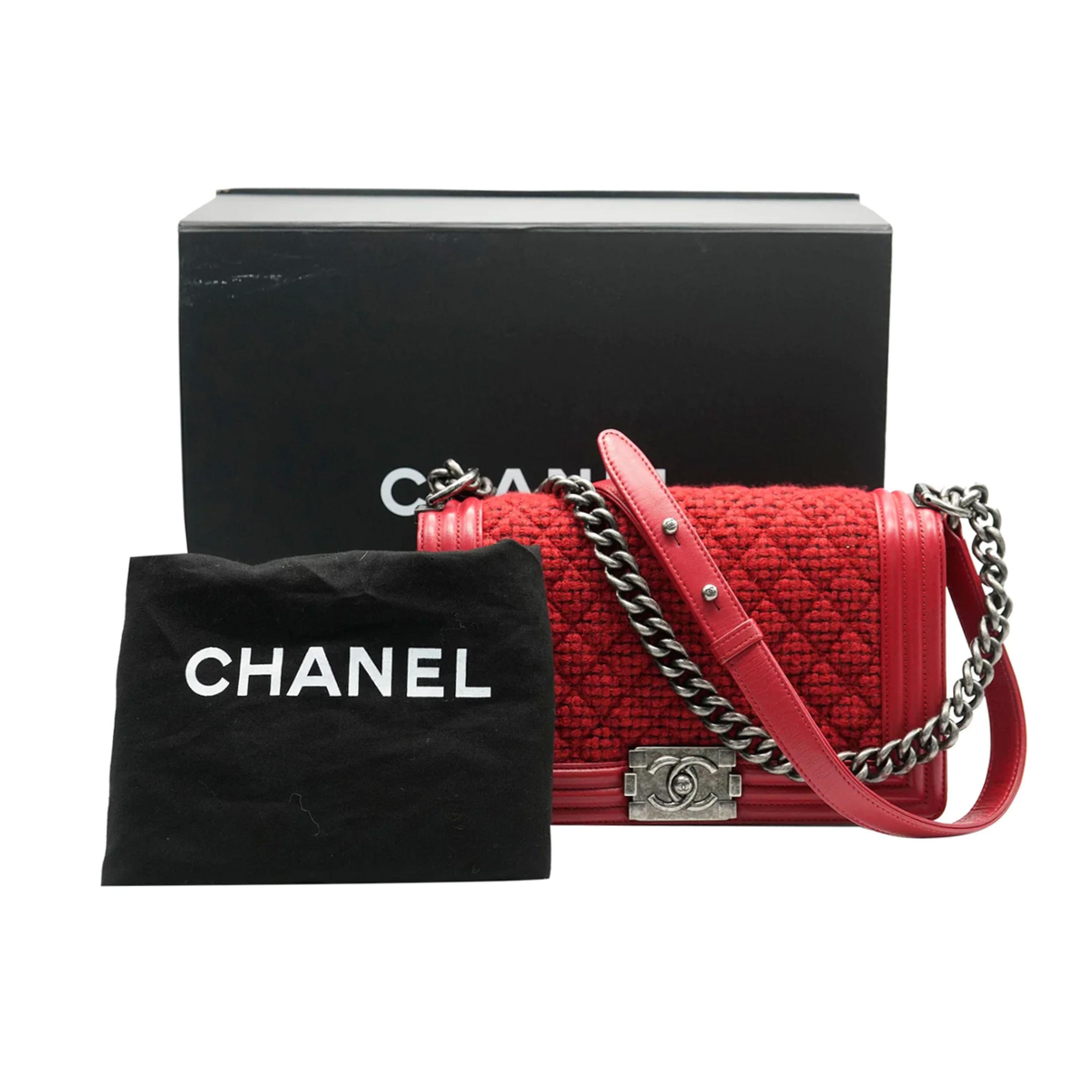 Chanel Red Quilted Tweed Lambskin Old Medium Boy Bag 1