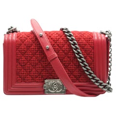 Chanel Red Quilted Tweed Lambskin Old Medium Boy Bag