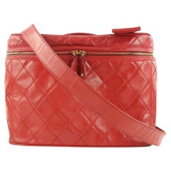 Retro Chanel Red Quilted Vanity Case Tote Box with Strap 860902