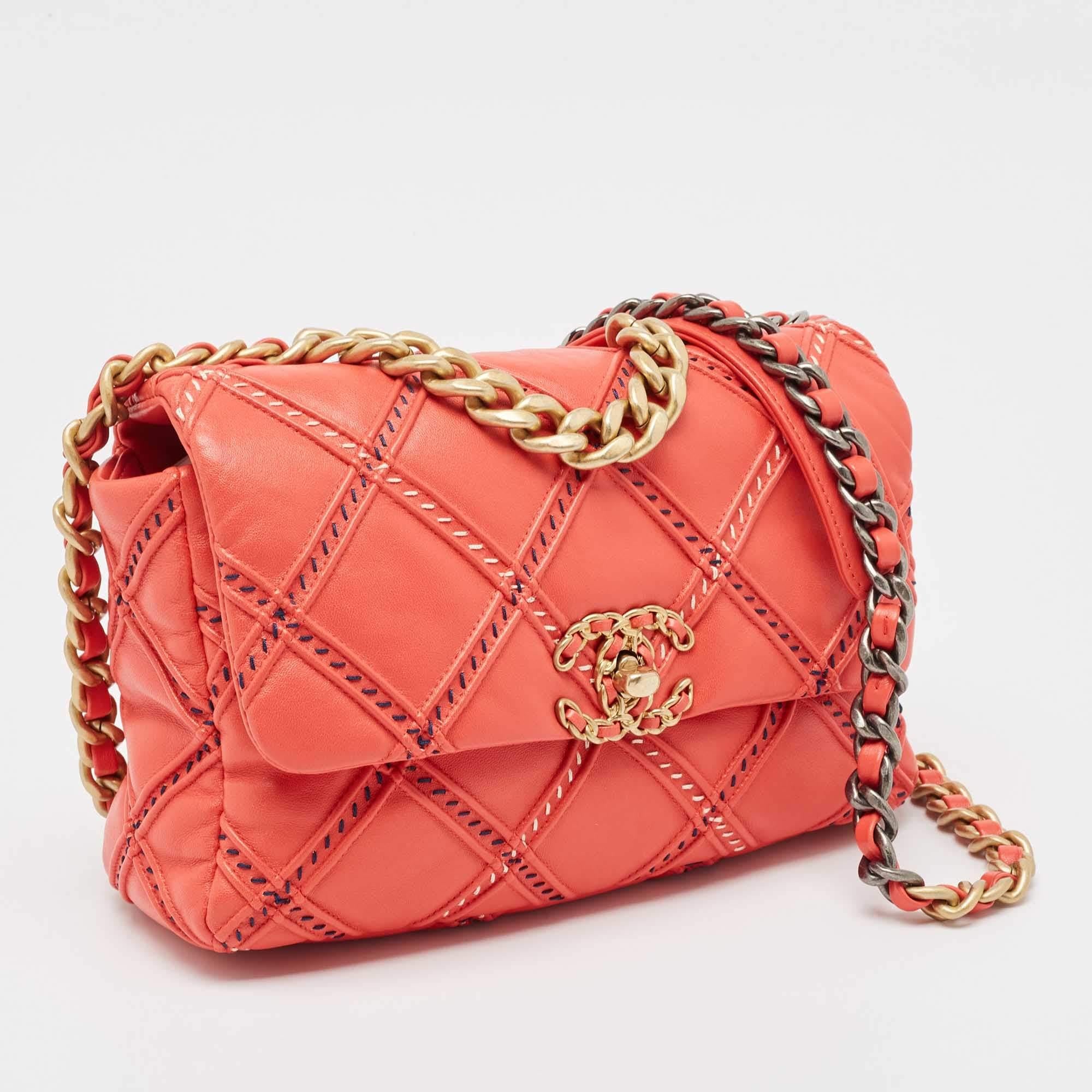Orange Chanel Red Quilted Wild Stitch Leather Medium 19 Flap Bag