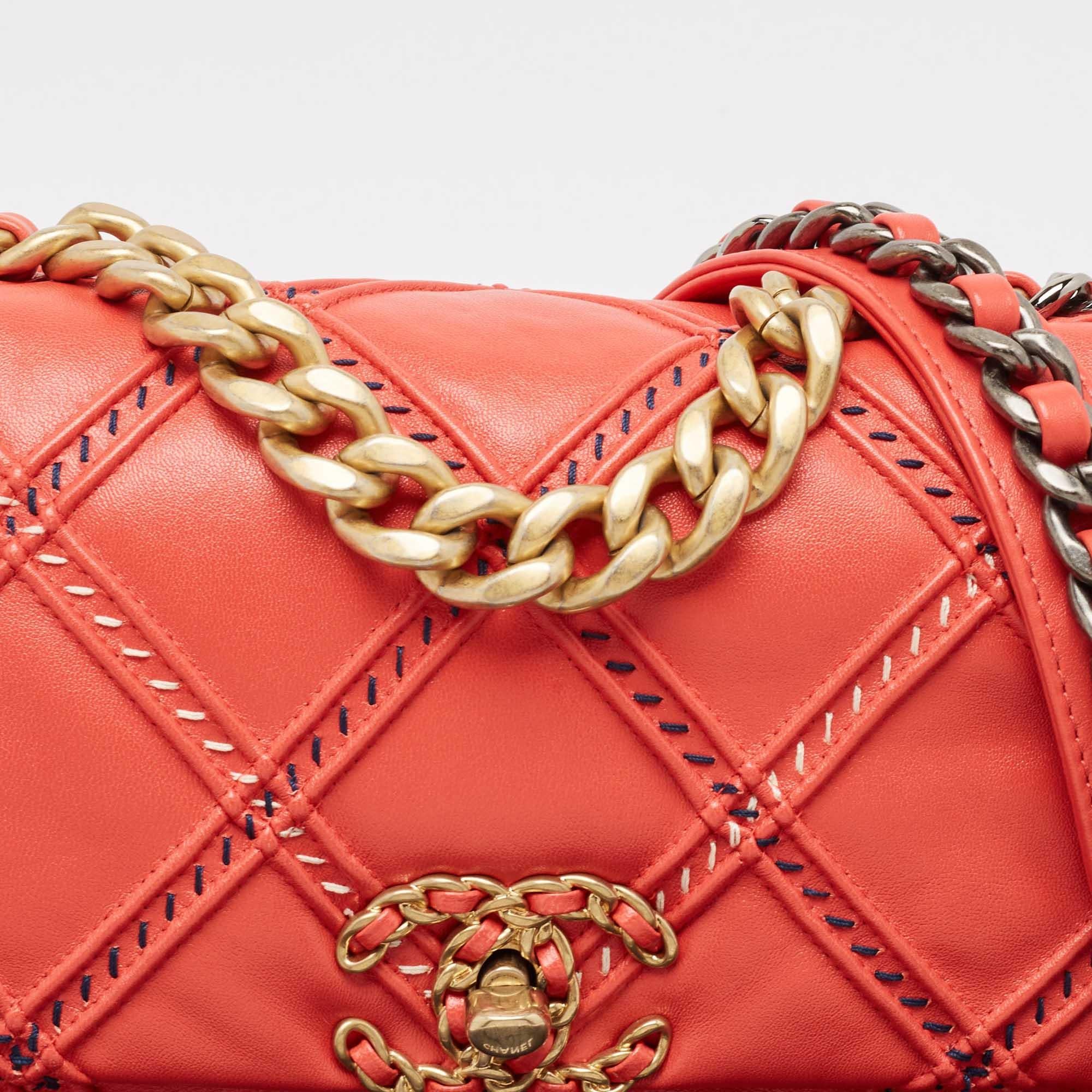 Women's Chanel Red Quilted Wild Stitch Leather Medium 19 Flap Bag