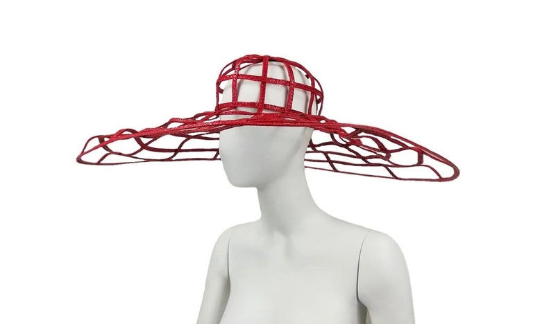 CHANEL red raffia hat Spring 1992 92P For Sale at 1stDibs
