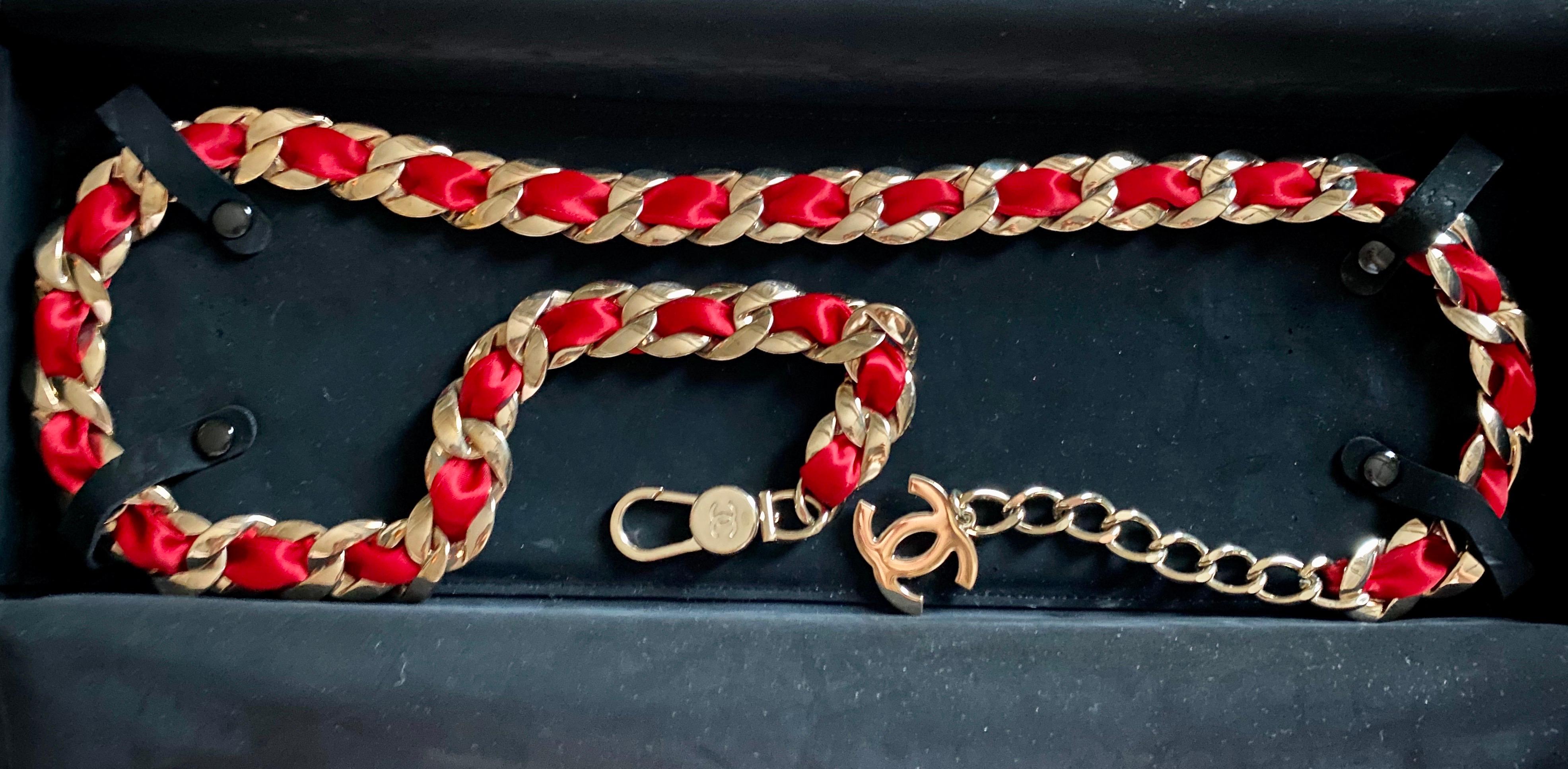 Brown CHANEL Red Satin Braid Signature Woven Chain Link CC Logo Belt For Sale