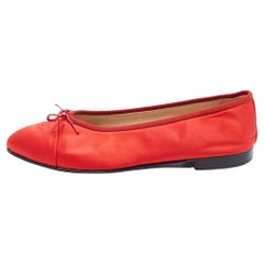 Chanel Red Satin CC Cap Toe Ballet Flats Size 41