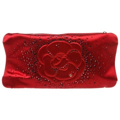Chanel Red Satin Embellished Camellia Clutch Shoulder Bag