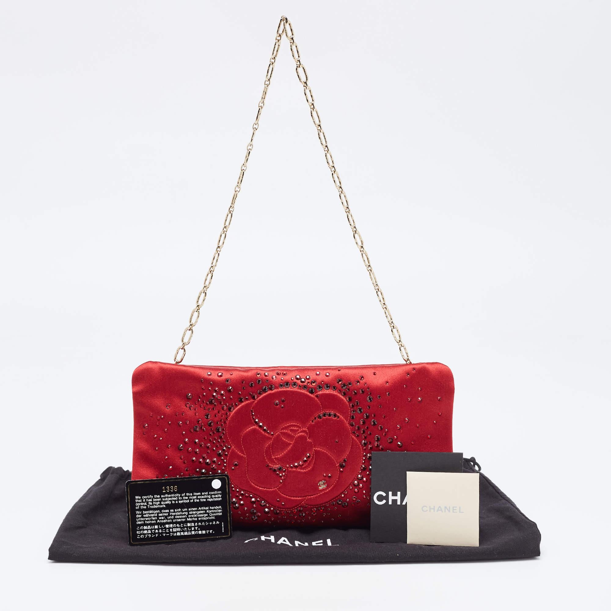 Chanel Red Satin Embellished Strass Camellia Chain Clutch 8