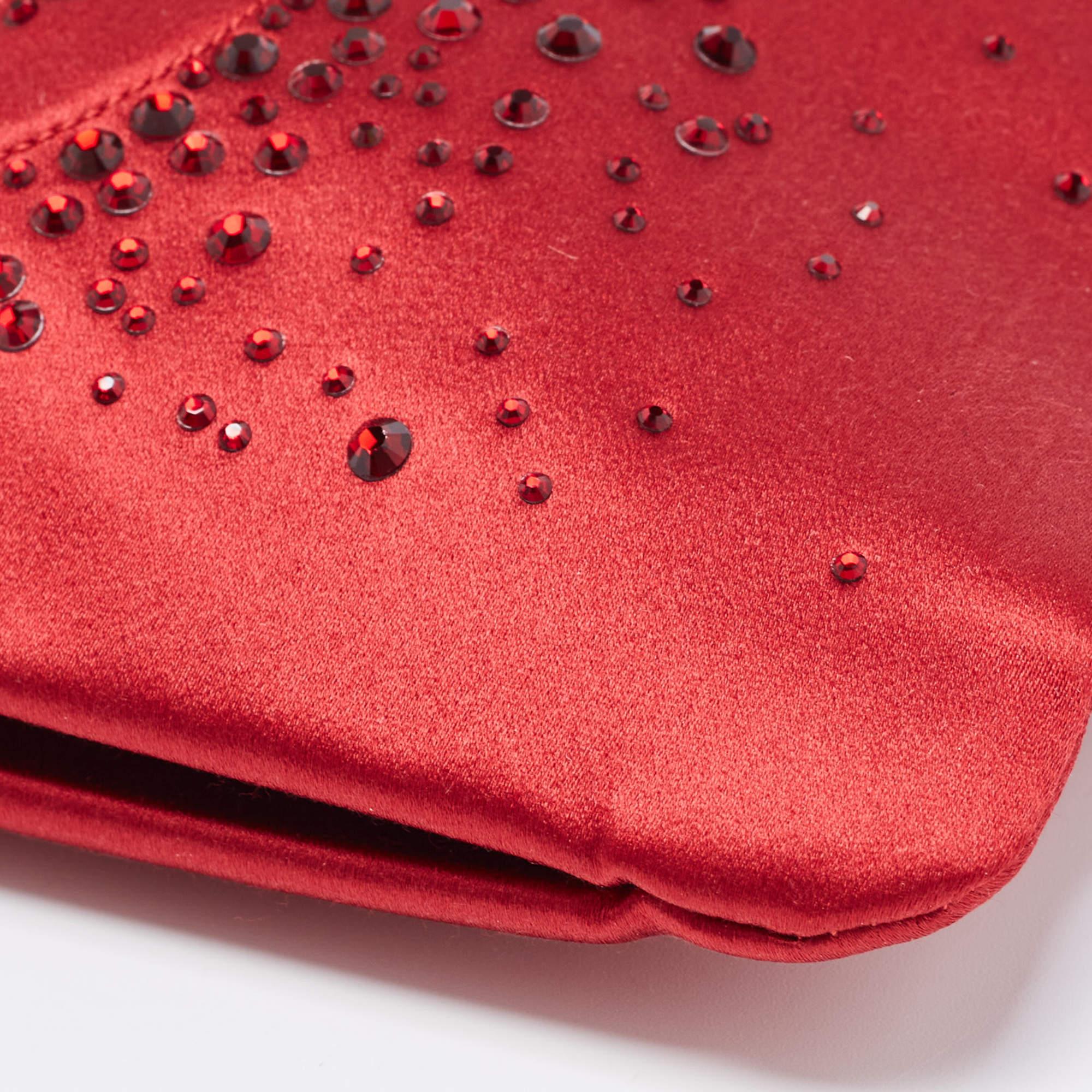 Chanel Red Satin Embellished Strass Camellia Chain Clutch 2