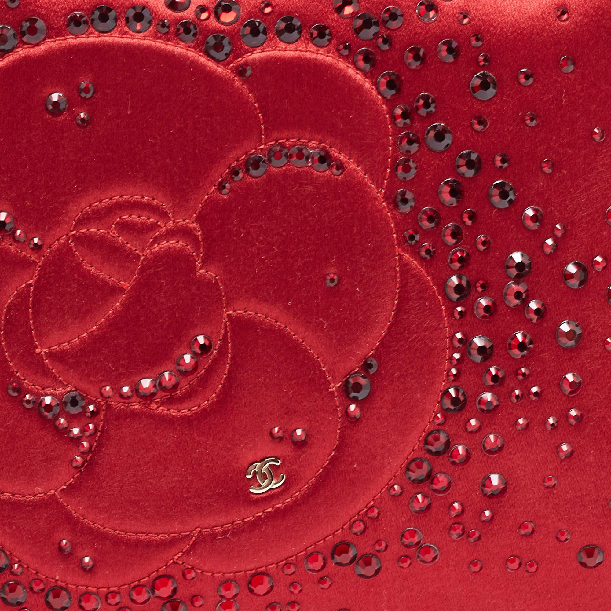 Chanel Red Satin Embellished Strass Camellia Chain Clutch 3