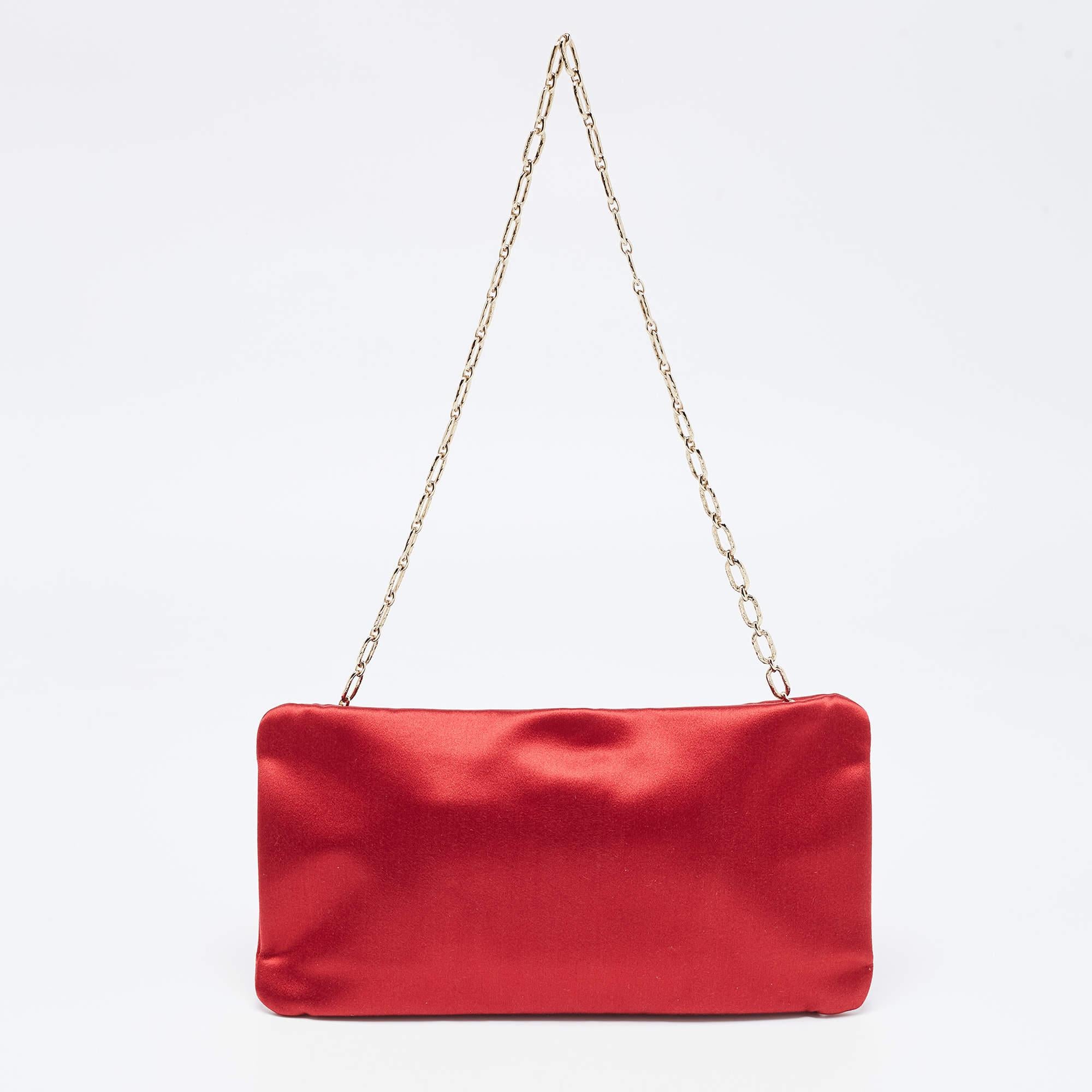 Chanel Red Satin Embellished Strass Camellia Chain Clutch 4