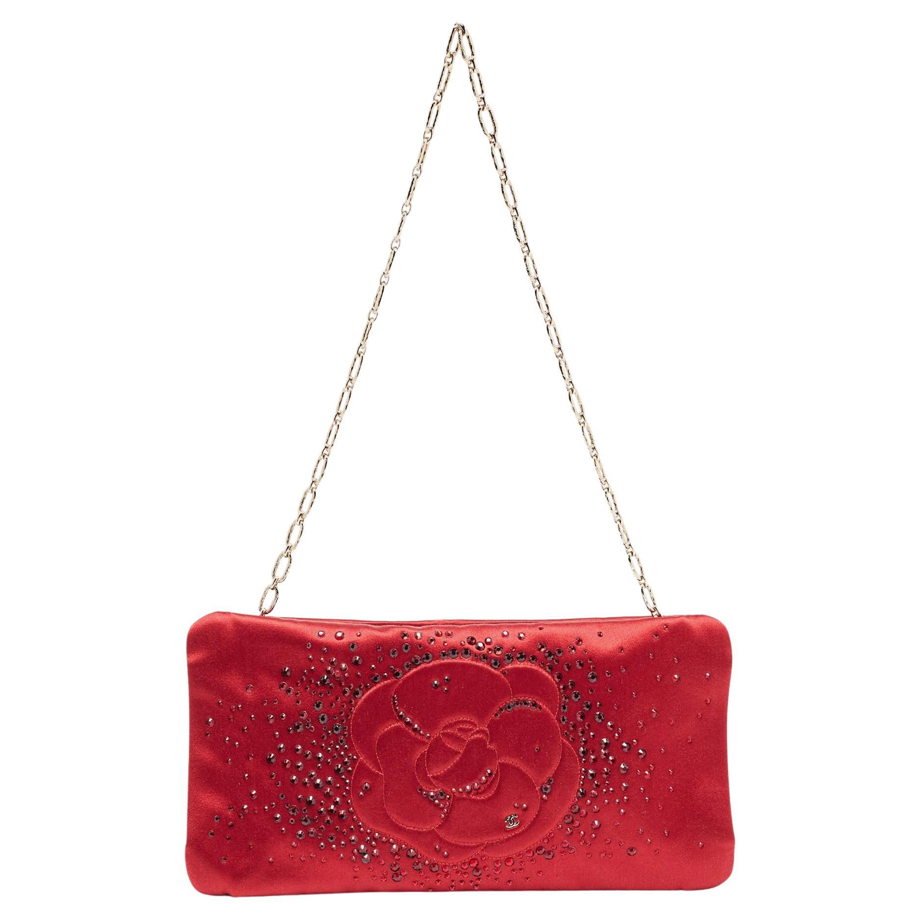 Chanel Red Satin Embellished Strass Camellia Chain Clutch