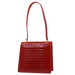 CHANEL Red Shiny Crocodile Exotic Gold Small Shoulder Flap Bab