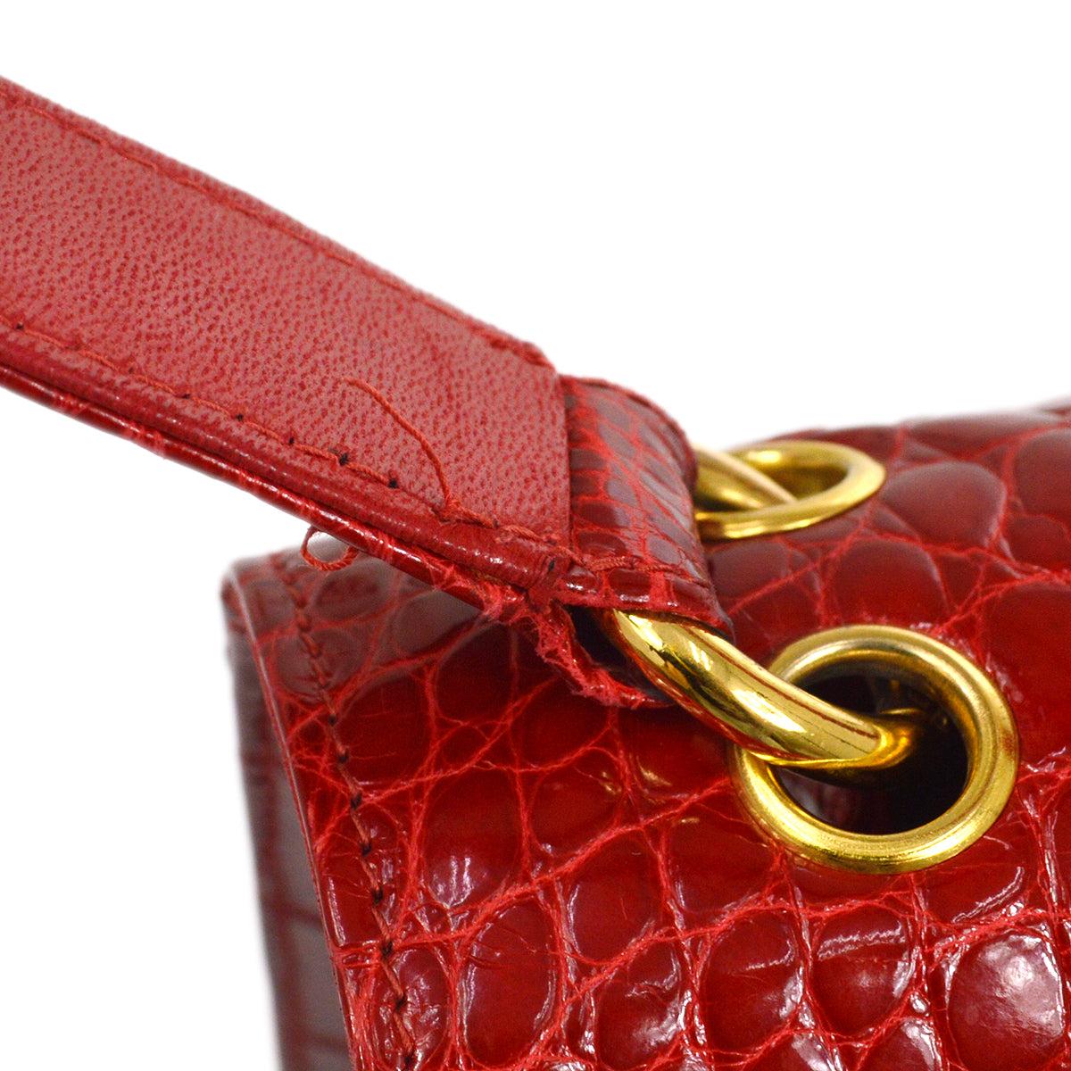 CHANEL Red Shiny Crocodile Exotic Gold Small Shoulder Flap Bab In Good Condition In Chicago, IL
