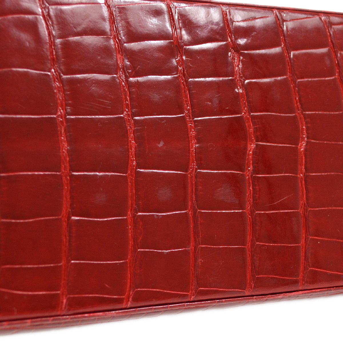 Women's CHANEL Red Shiny Crocodile Exotic Gold Small Shoulder Flap Bab