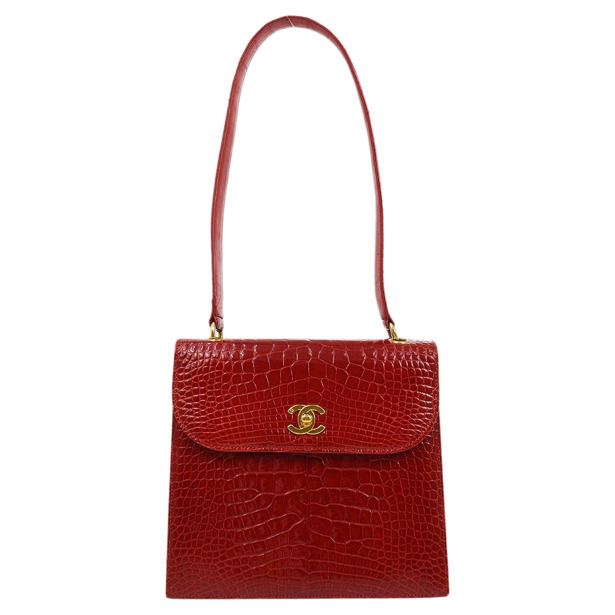 CHANEL Red Shiny Crocodile Exotic Gold Small Shoulder Flap Bab