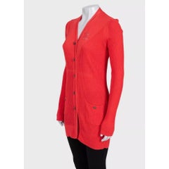 Chanel Red Silk Cotton Blend Fitted Long Cardigan FR 38 M Button Front